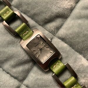 Fossil Silver Watch with Green Leather Band